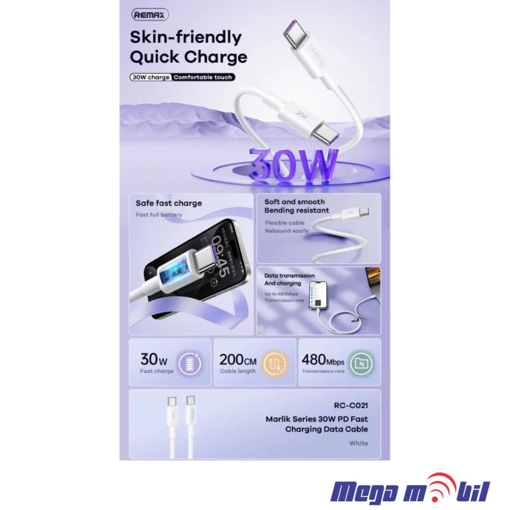 Data Kabel Type C PD REMAX Marlik RC-C021 30W 1m Fast white