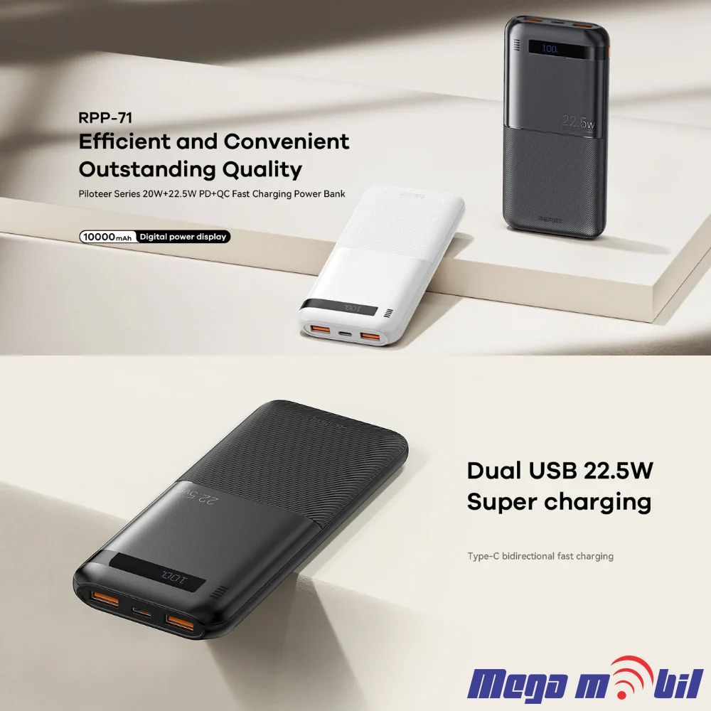 Baterija eksterna 10000mAh REMAX Piloteer RPP-71 FAST 22.5W+PD 20W black