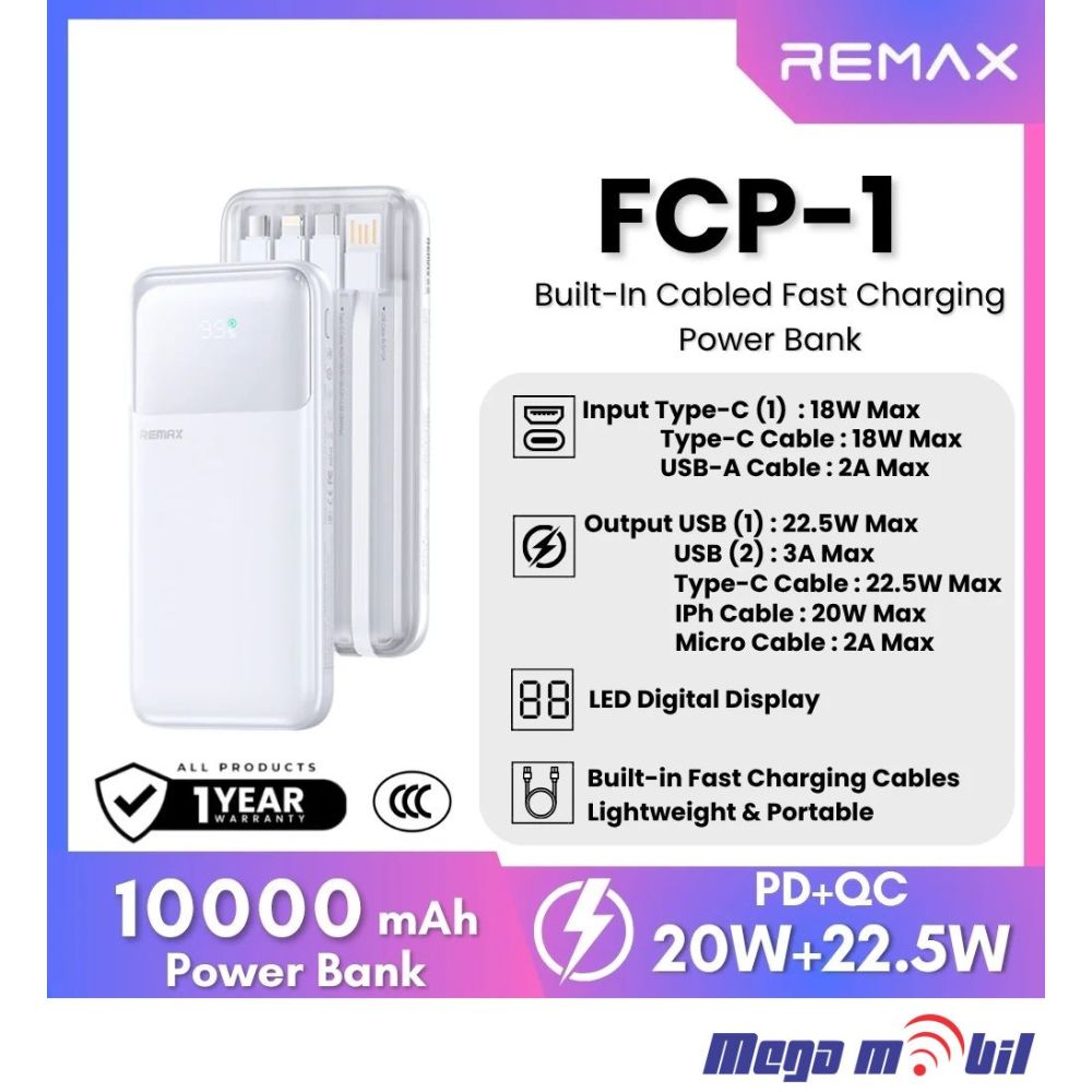 Baterija eksterna 10000mAh REMAX FCP-1 FAST 22.5W+PD 20W white