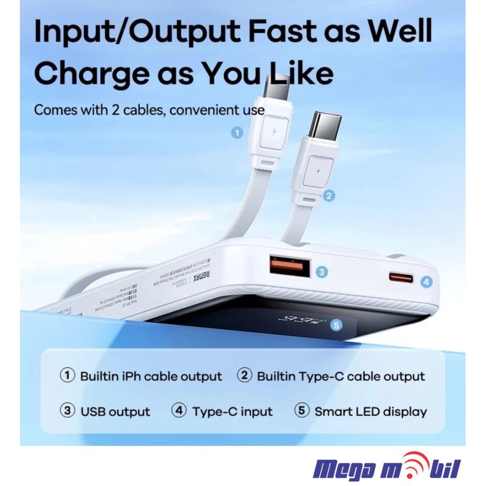 Baterija eksterna 10000mAh REMAX Cynlle RPP-679 FAST+PD +2 fast charging cables white
