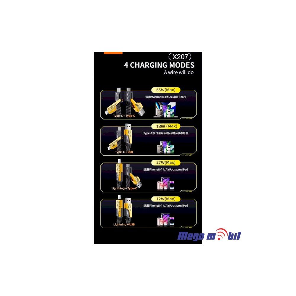 Data Kabel WUW-X207 4 vo 1 65W 1m FAST yellow