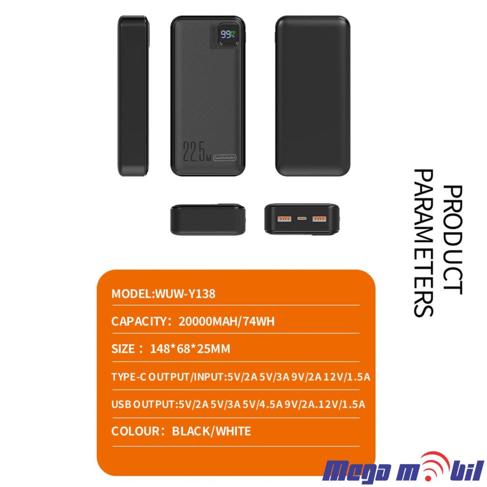 Baterija eksterna 20000mAh WUW-Y138 FAST+PD 22.5W black