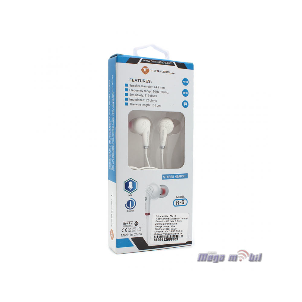 Slusalki Teracell Evolution R6 3.5mm white.