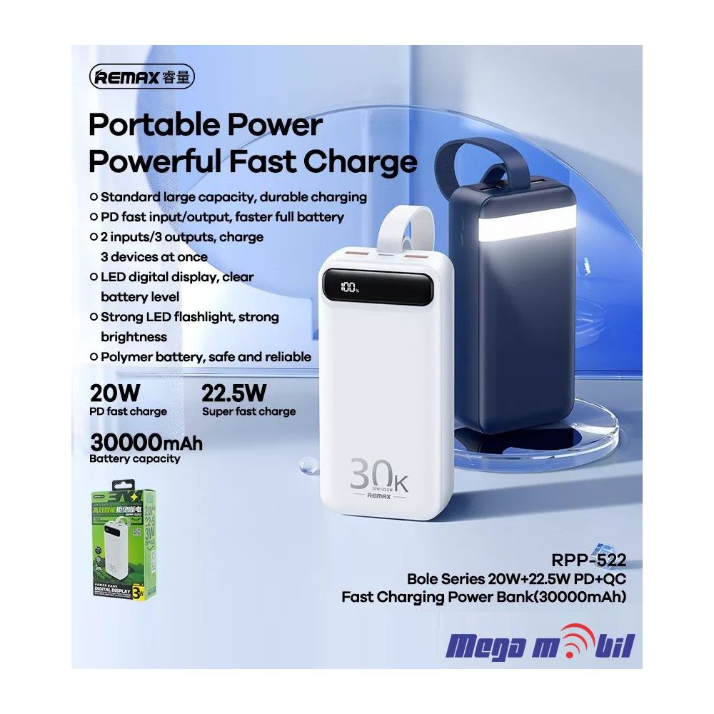Baterija eksterna 30000mAh REMAX Bole RPP-522 FAST+PD blue