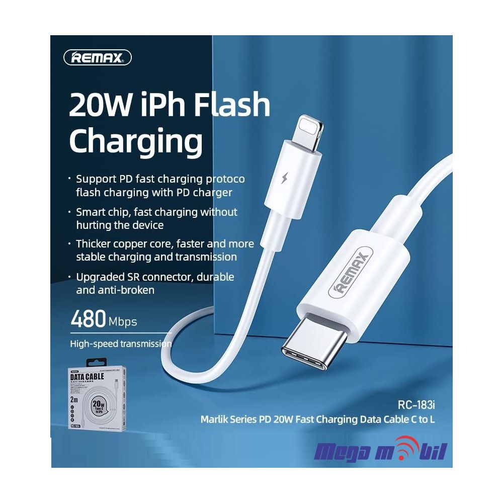 Data Kabel iPhone PD FAST REMAX Marlik RC-183i 20W 2m white 
