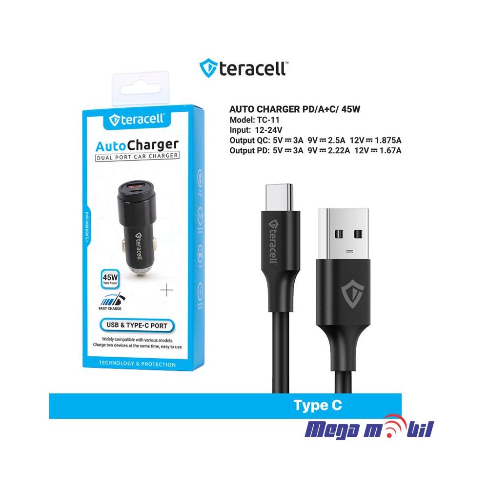 Polnac 12V/24V Type C Teracell Evolution TC-11 PD 22.5W + USB QC3.0 20W, 45W (total) black.