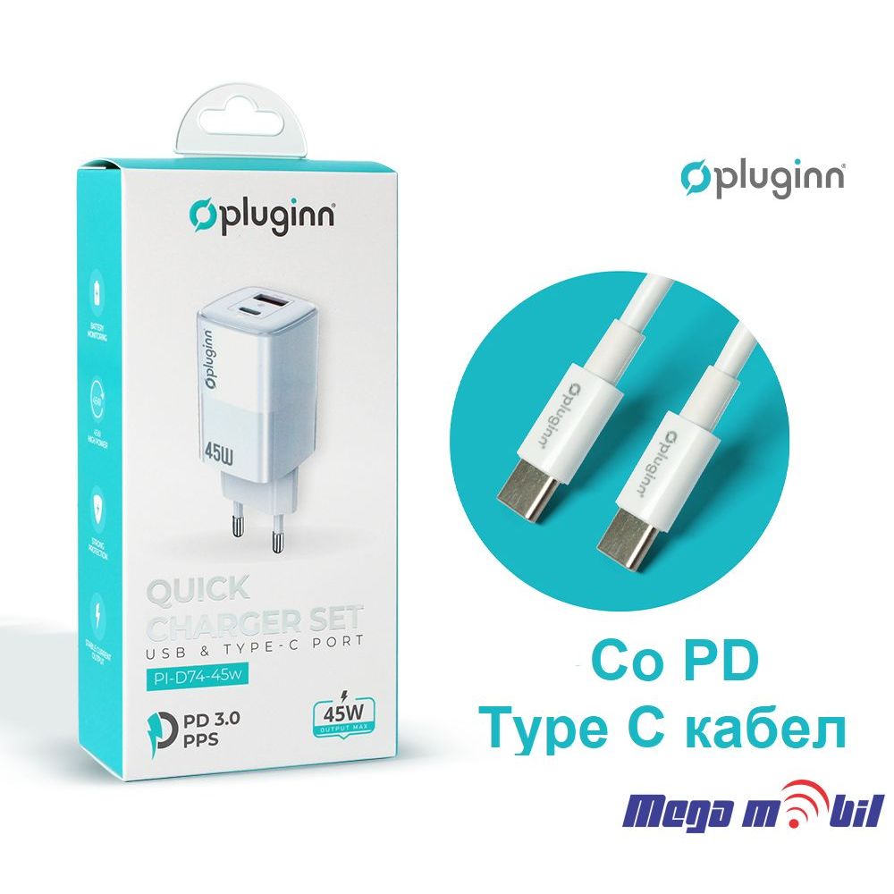 Polnac 220V Type C Pluginn PI-D74-45w QC3.0 PD3.0 PPS USB-PD 12W+33W, 45W (total) white