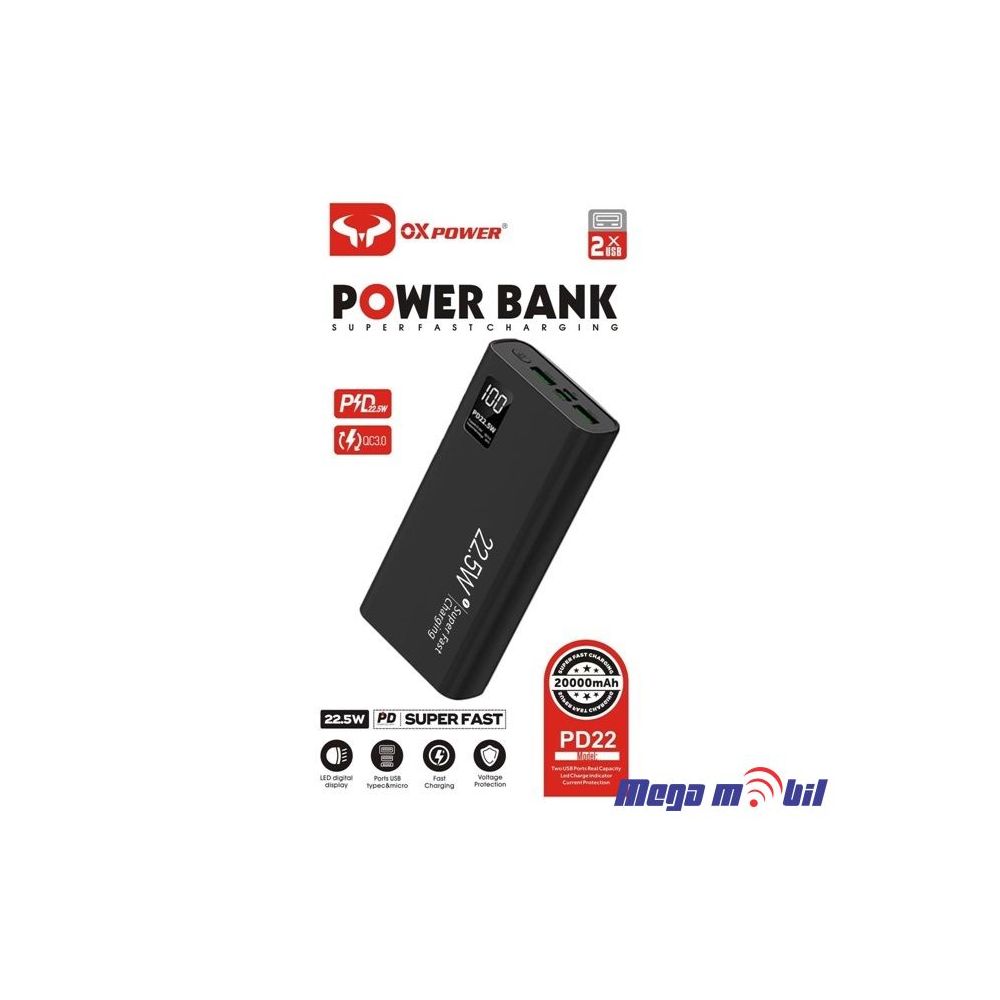 Baterija eksterna 20000mAh Ox Power PD22 FAST+PD 22.5W black