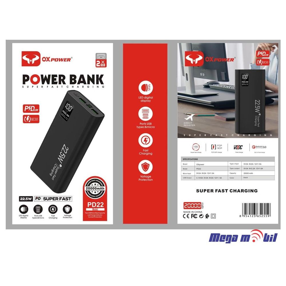 Baterija eksterna 20000mAh Ox Power PD22 FAST+PD 22.5W black