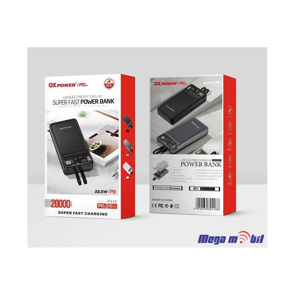 Baterija eksterna 20000mAh Ox Power P410 FAST+PD 22.5W black