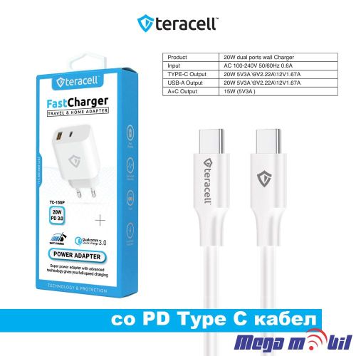 Polnac 220V Type C Teracell Evolution TC-15GP, QC 3.0, PD 3.0, 20W white