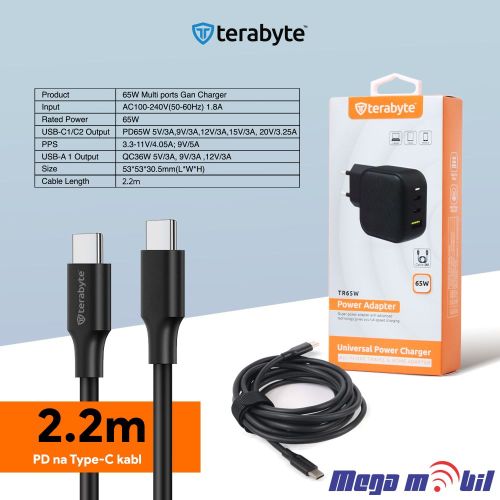 Polnac 220V Univerzalen Type C Terabyte TR65W, GaN, PPS, PD 3.0, QC 3.0, 65W black