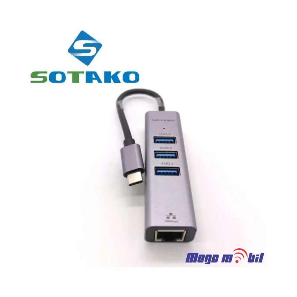 Adapter Type C to USB3.0+2xUSB2.0+RJ45 (100Mbps) ST-C0405 (4 in 1)