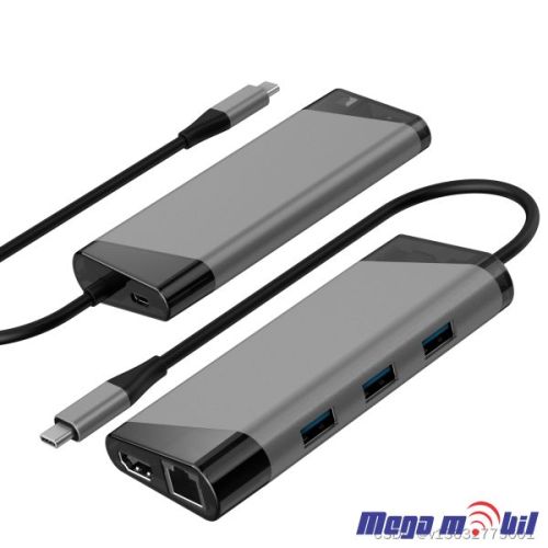 Adapter Type C to HDMI+RJ45+SD/TF+3xUSB3.0+PD/ST-C0804 (8 in 1)