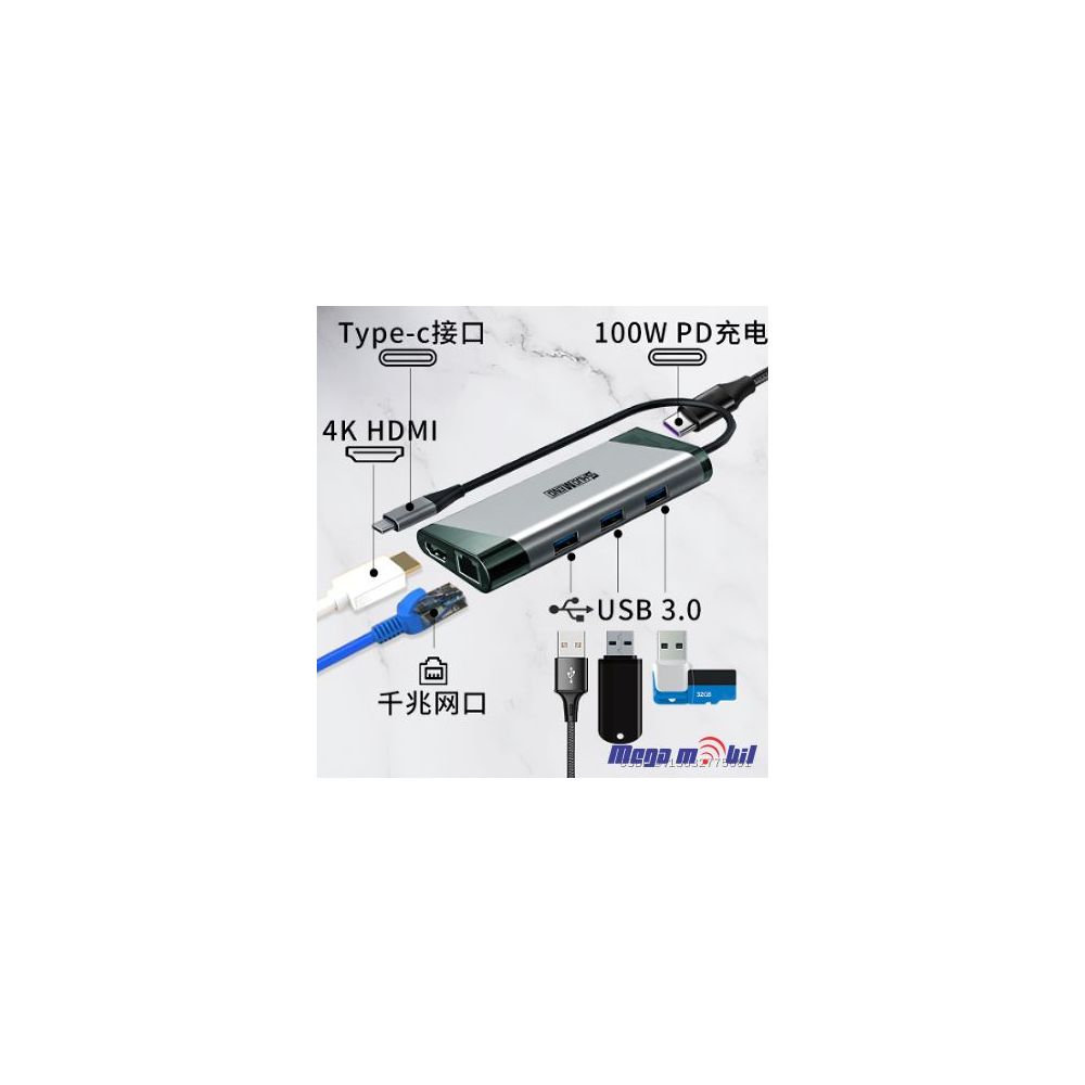Adapter Type C to HDMI+RJ45+SD/TF+3xUSB3.0+PD/ST-C0804 (8 in 1)