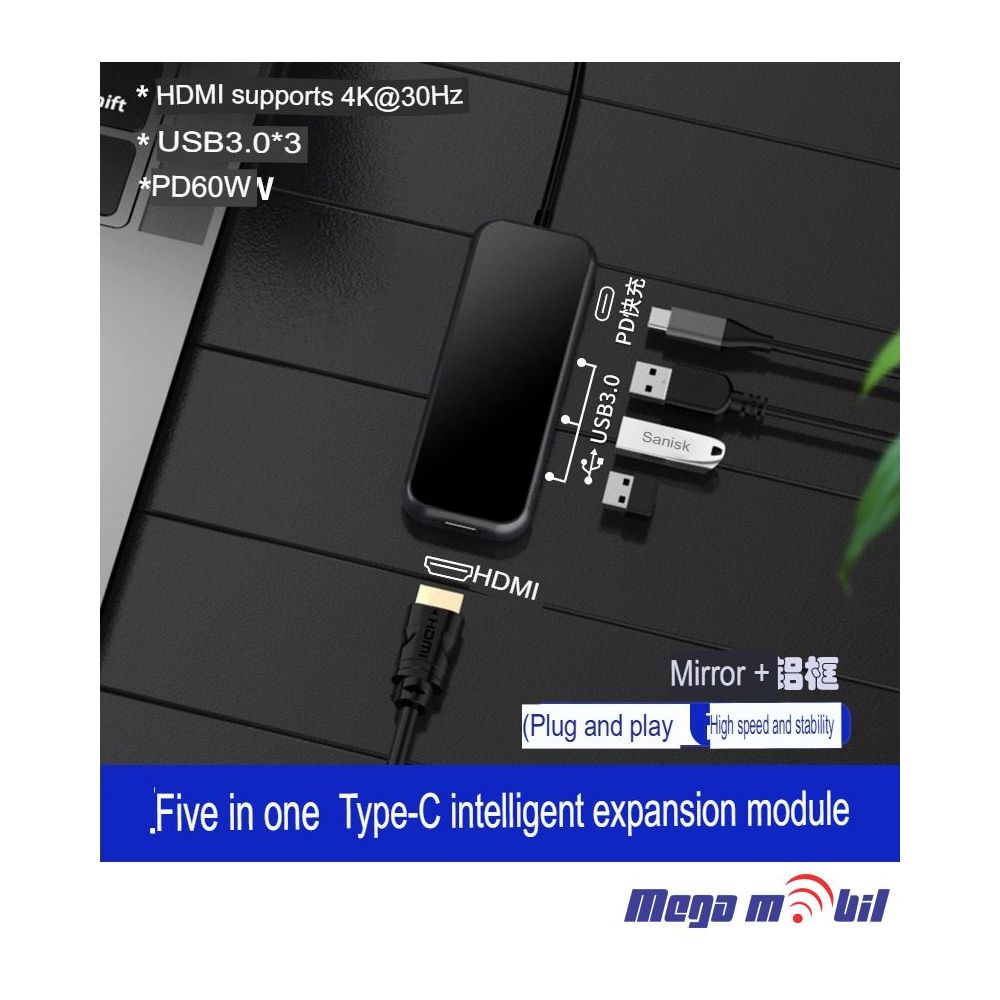Adapter Type C to HDMI+3xUSB3.0+PD 100W ST-C0503 (5 in 1)