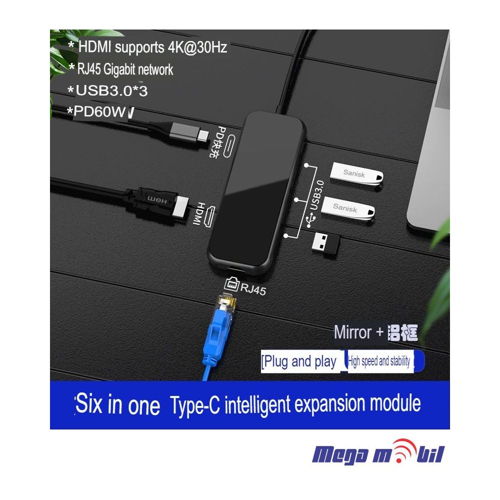 Adapter Type C to HDMI+RJ45+3xUSB3.0+PD 100W ST-C0601 (6 in 1)