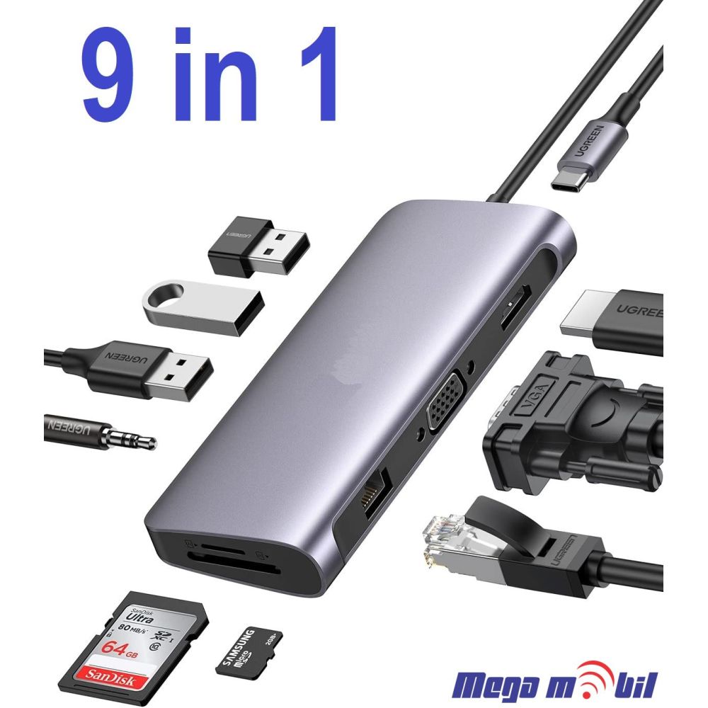 Adapter Type C to HDMI (4K@30Hz)+VGA+RJ45+3xUSB3.0+SD/TF(3.0)+PD 100W ST-C0901 (9 in 1)