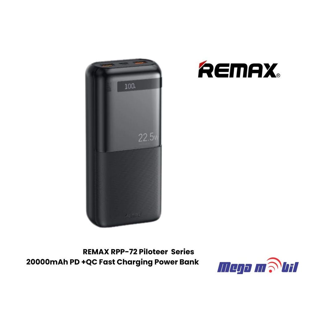 Baterija eksterna 20000mAh REMAX Piloteer RPP-72 FAST 22.5W+PD 20W black