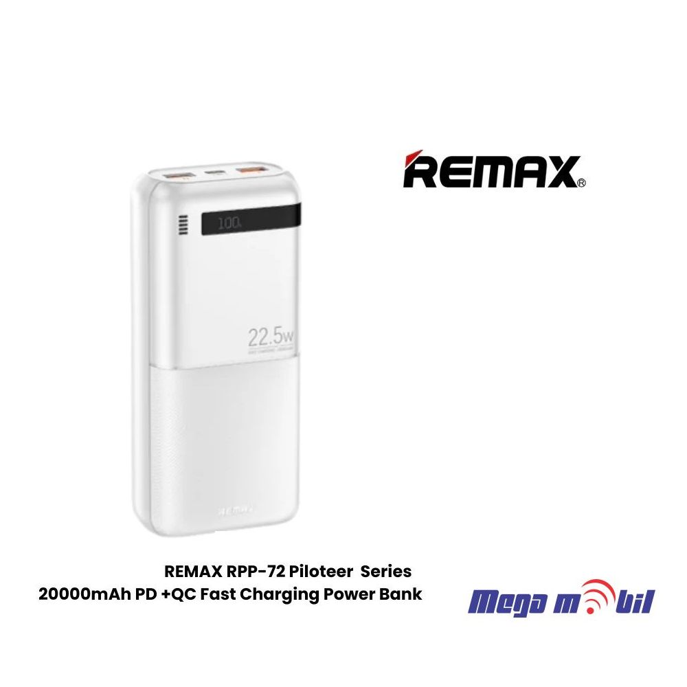 Baterija eksterna 20000mAh REMAX Piloteer RPP-72 FAST 22.5W+PD 20W white