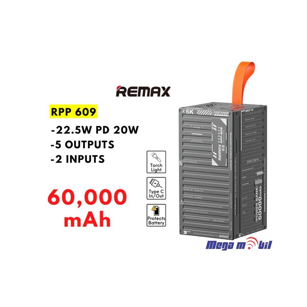 Baterija eksterna 60000mAh REMAX Container RPP-609 FAST 22.5W+PD 20W gray