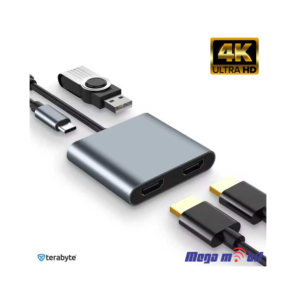 Adapter Terabyte Type C na HDMIx2 PD USB 3.0 4vo1 