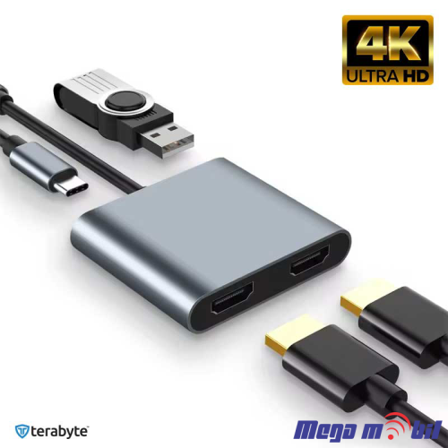 Adapter Terabyte Type C na HDMIx2 PD USB 3.0 4vo1 