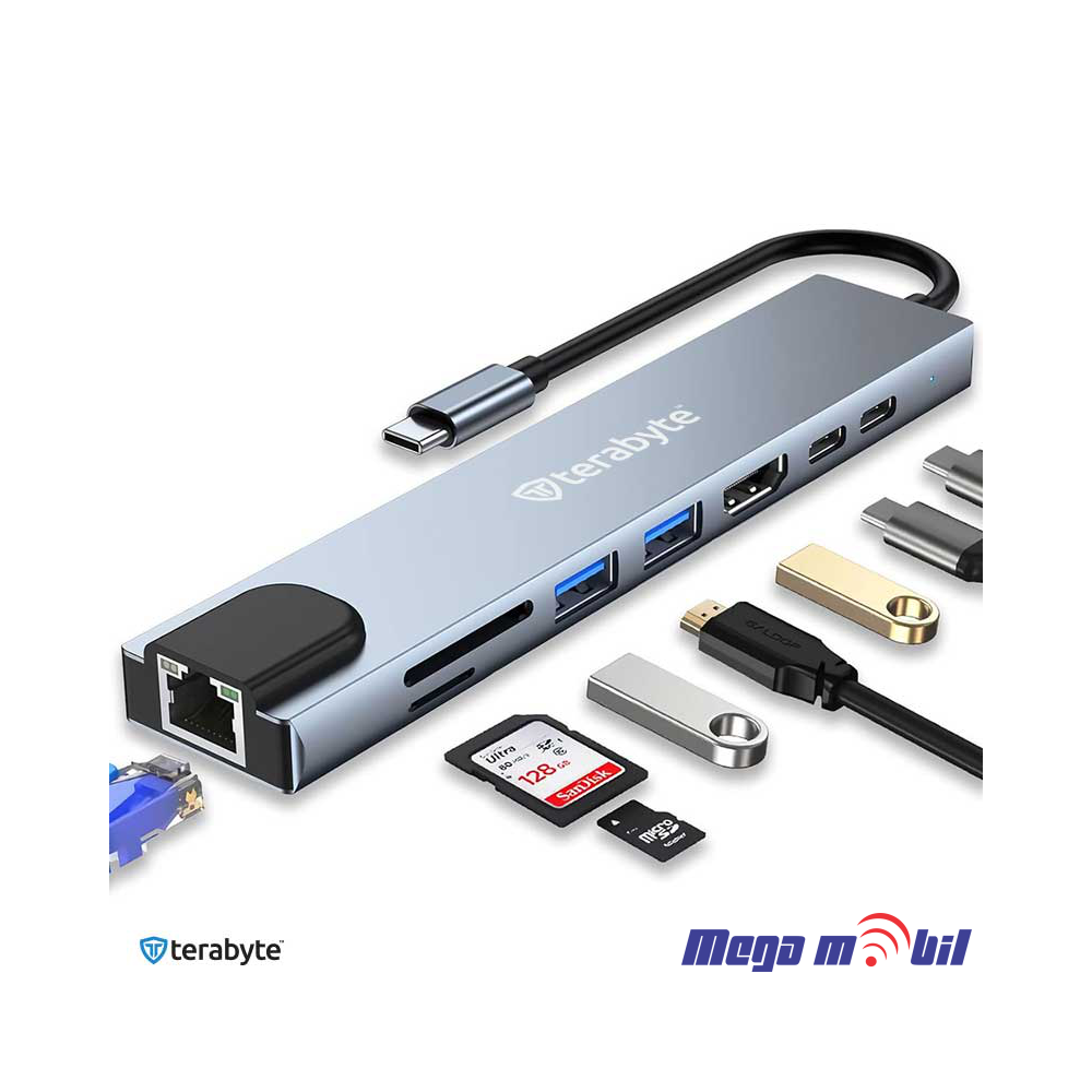 Adapter Terabyte Type C na RJ45 2xUSB 3.0 HDMI 2xPD SD TF 8vo1