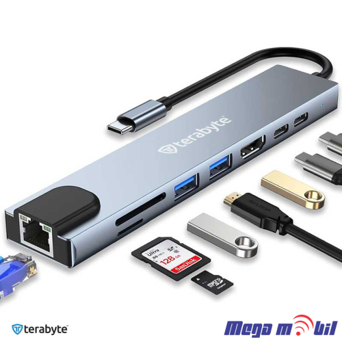 Adapter Terabyte Type C na RJ45 2xUSB 3.0 HDMI 2xPD SD TF 8vo1