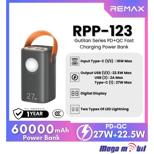 Baterija eksterna 60000mAh REMAX Gutitan RPP-123 PD 27W+QC 22.5W gray