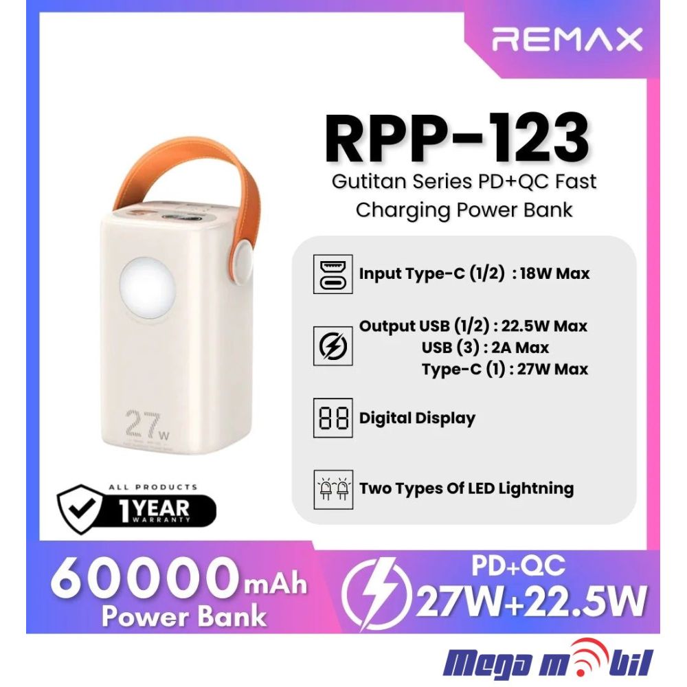 Baterija eksterna 60000mAh REMAX Gutitan RPP-123 PD 27W+QC 22.5W beige