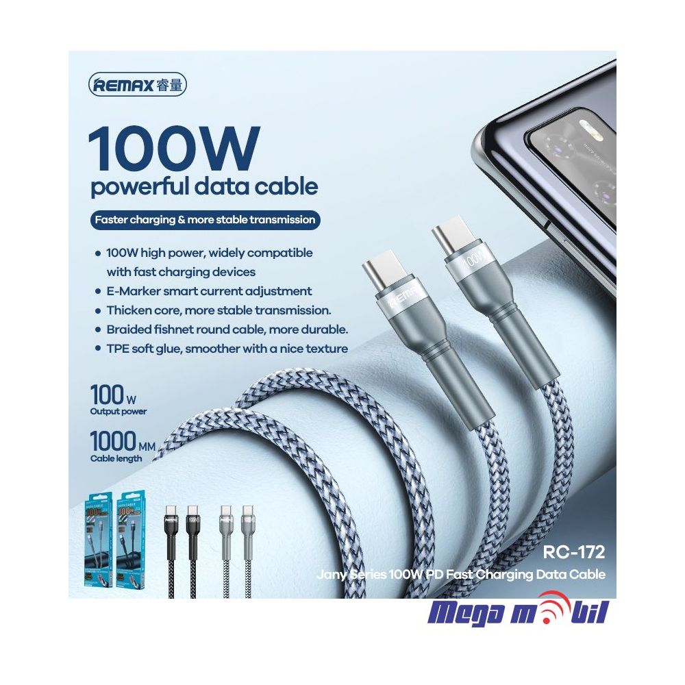 Data Kabel Type C PD REMAX Jany RC-172 100W Fast silver