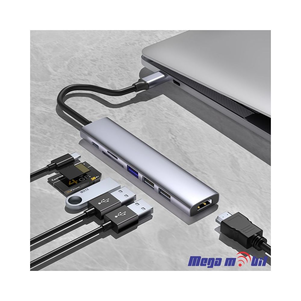 Adapter Type C to HDMI 4K+USB3.0+USB2.0x2+SD/Micro SD+PD100W ST-CM0701 (7 in 1)